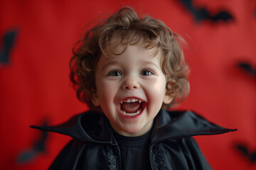 Cute little vampire boy with curly hair in halloween costume with red background