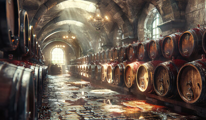 Wine barrels in wine vault wine storage with row of barrels in the cellar of the winery.