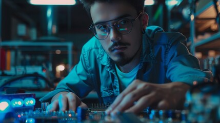 Wall Mural - The image shows a young Hispanic industrial engineer designing a circuit board using computer CAD software in a modern technology research and development center.