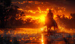 Cowboy rides his horse through river at sunset.