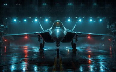 Canvas Print - Fighter jet in aircraft hangar with blue lights