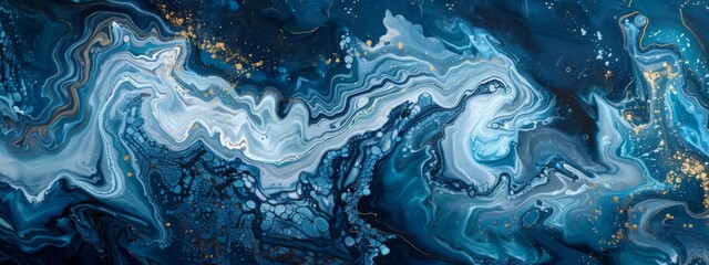 Poster - Swirling blue and gold patterns create a mesmerizing abstract design resembling a marble texture.