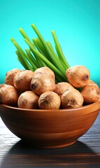 Poster - Bowl with fresh green onion on blue background 