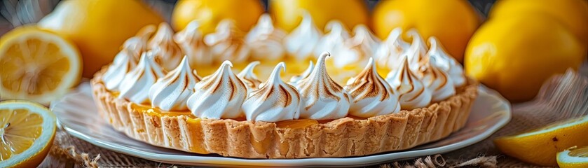 Homemade delicious lemon meringue pie served on white plate with blurred lemons background.