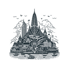 Poster - The Thailand pagoda balck white vector illustration.