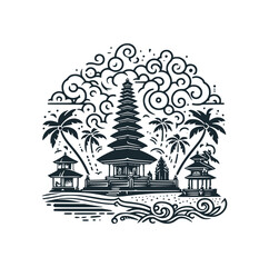 Sticker - The Bali island temple. Black White vector illustration.