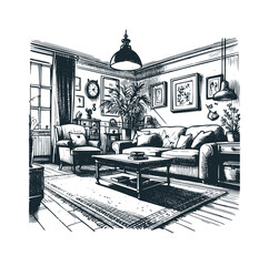 Canvas Print - The living room. Black white vector illustration.