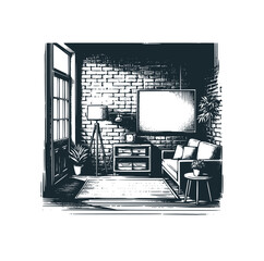 Poster - The living room. Black white vector logo illustration. 