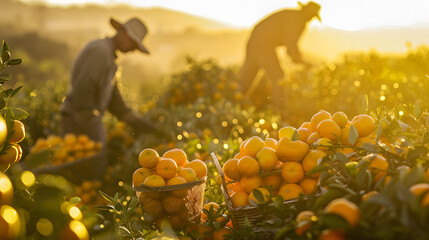 Two men are picking oranges in a field