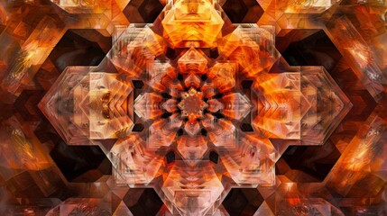 Fototapete - A vibrant display of symmetric kaleidoscopic patterns with fiery orange and red hues.