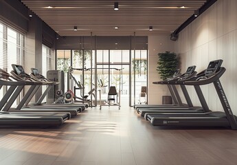 Wall Mural - Modern sport gym, fitness health club interior with treadmills sports