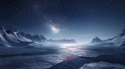 Wall Mural - wallpaper illustration of a endless frozen lake with snow capped mountains under a dark blue sky