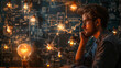 © VRAYVENUS - pensive man looking at glowing light bulb in dark room full of hanging lights