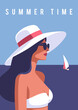 Summer time. Concept of summer party, vacation and travel. Woman in a hat and sunglasses on the beach. Vector illustration in minimalistic style.
