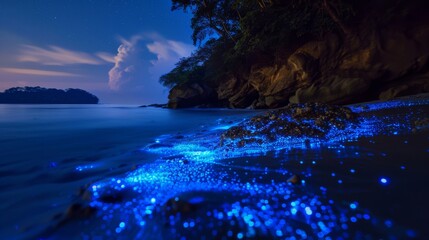 Wall Mural - A beautiful blue ocean with a glowing blue light in the water