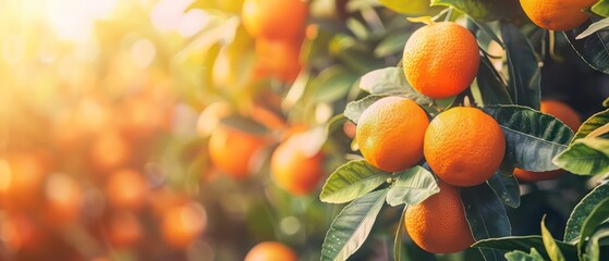 Wall Mural - ripe and fresh oranges hanging on branch, orange orchard