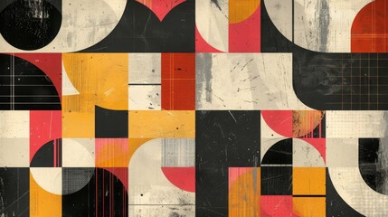 Aufkleber - An abstract painting featuring dynamic black, yellow, red, and white shapes interacting and overlapping in a bold and vibrant composition.