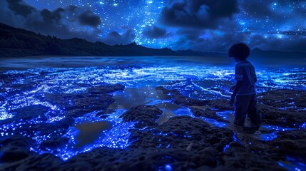 Wall Mural - A child stands on a beach at night, looking out at the ocean