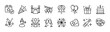 © Vilogsign - Event thin line icon set. Containing calendar, confetti, decoration, present, fireworks, masks, balloons, cake, ticket, drinks, champagne, celebration, and party. Vector illustration