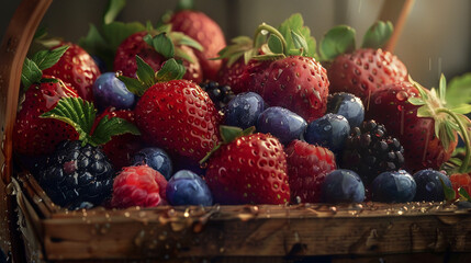 Wall Mural - A basket of berries with a few drops of water on them. 