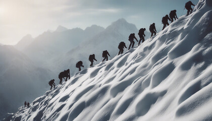 Wall Mural - silhouette of people climbing in a row up a steep rocky snowy mountain
