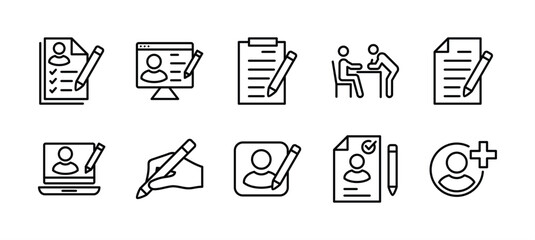 Registration thin line icon set. Containing added identity document data, receptionist, register online, sign up, create or edit or write information or form with pencil on paper. Vector illustration