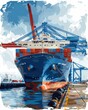 ©  Green Creator - A large container ship is docked at a busy port. The ship is being loaded and unloaded by cranes.
