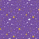 Fototapeta Pokój dzieciecy - Vector seamless background with abstract space or sky elements, stars, arrows, dots, hearts.
