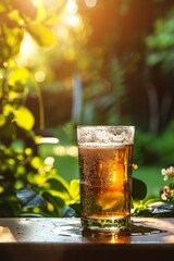 Sticker - Dew-covered iced tea glass in golden morning light, garden