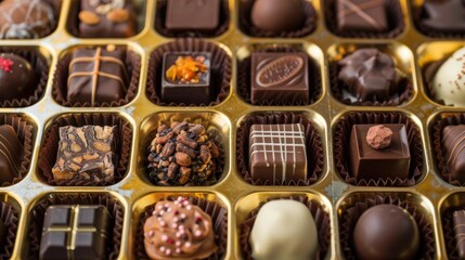 Wall Mural - A lavish assortment of decadent chocolates housed in a dazzling gold container fills the frame showcasing a delightful array of chocolate bonbons truffles and candies