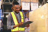 Fototapeta Niebo - African American industry warehouse managers in safety uniforms check the stock order details and goods supplies in the workplace warehouse. industry logistic export import distribution concept.