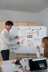 Wall Mural - ux developer and ui designer presenting mobile app interface design on whiteboard in meeting at offi