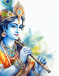 Krishna Janmashtami holiday concept, watercolor art style, copyspace on a side