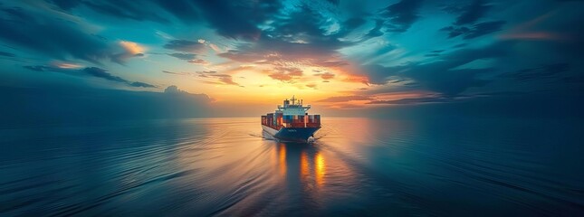 A large container ship sails across the ocean at sunset