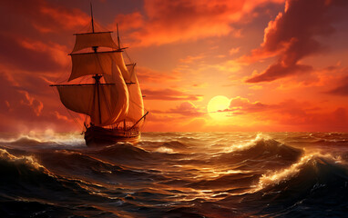 Wall Mural - Beautiful sunset on the sea. Colorful sky with clouds.