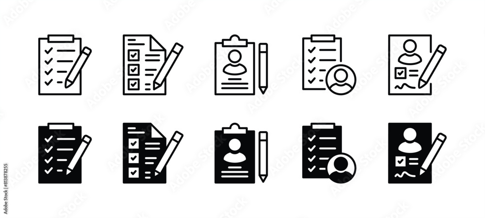 Guest list thin line icon set. Containing clipboard, registration ...