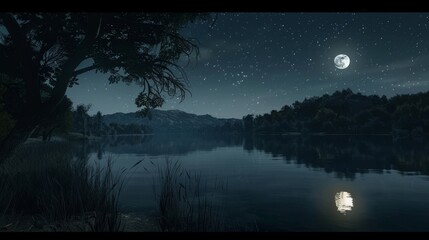 Wall Mural - A serene lake at night with a full moon reflecting on the water