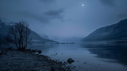 Wall Mural - A serene lake at night with a full moon reflecting on the water