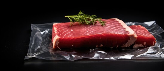 Sticker - A raw frozen tuna fillet in vacuum packaging is displayed on a black stone background creating a copy space image for text