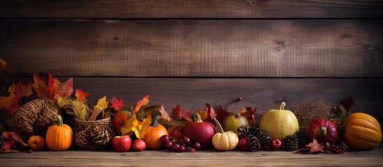 Canvas Print - Copy space image of a rustic Thanksgiving scene featuring a wooden table adorned with various fall elements such as pumpkins cones apples golden maple leaves and rowan berries