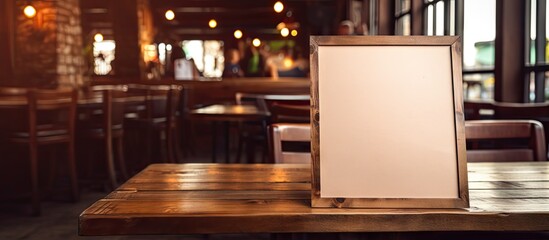 In the Bar restaurant cafe there is a wooden table with a menu frame placed on it creating a copy space image for text marketing promotion