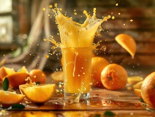 Canvas Print - realistic glass of orange juice with a nice dynamic splash in it, oranges and slices and a natural background set