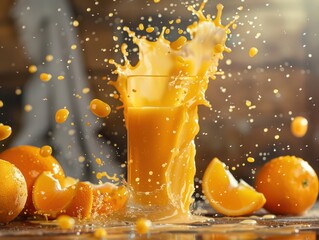 Wall Mural - realistic glass of orange juice with a nice dynamic splash in it, oranges and slices and a natural background set