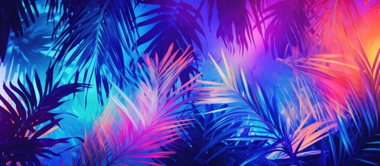 A vibrant gradient holographic neon background with tropical and palm leaves Copy space image