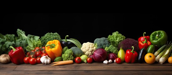 Wall Mural - A variety of vegetables and fruits arranged neatly on a wooden table with plenty of copy space for images