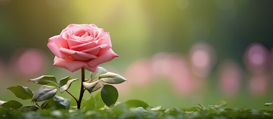 Canvas Print - A stunning pink rose blossoms gracefully in a serene garden with plenty of copy space image available