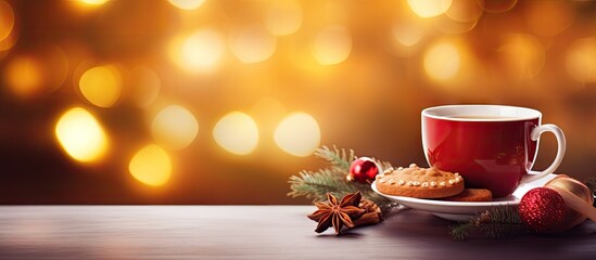 Sticker - Christmas tree branch with bokeh background featuring a cup of mulled wine and cookies for added warmth and charm Perfect for festive copy space images