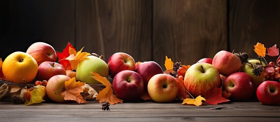 Wall Mural - Fall themed still life composition with a variety of harvest produce such as red apples and pumpkins displayed on wooden boards The copy space image highlights the cozy autumn background with leaves
