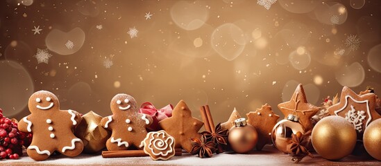 Wall Mural - Toned background card with a festive Christmas and New Year theme featuring homemade gingerbread man cookies and other sweet treats. Copy space image. Place for adding text and design