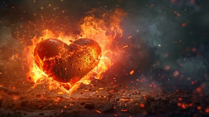 Wall Mural - A heart made of fire is surrounded by a lot of debris